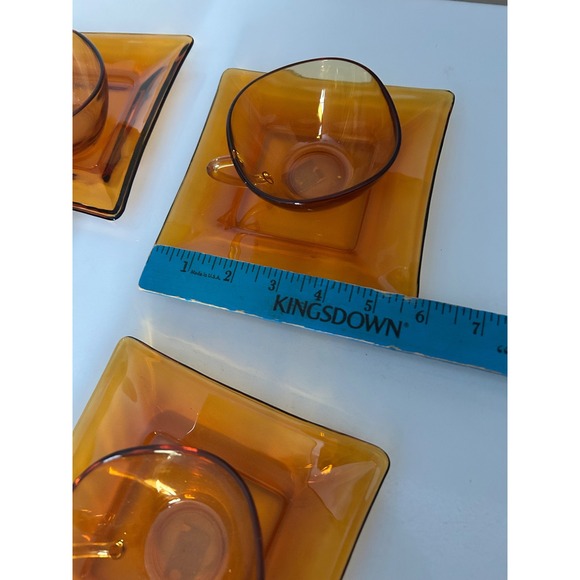 Amber Glass Teacup Saucer Set Square Dessert Vintage Amber Glassware - Picture 3 of 4